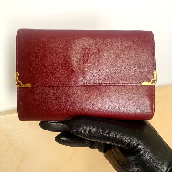 Vintage Cartier Tri-fold Mastline Bordeaux Wallet w/ Kiss Lock Coin - Picture 1 of 11